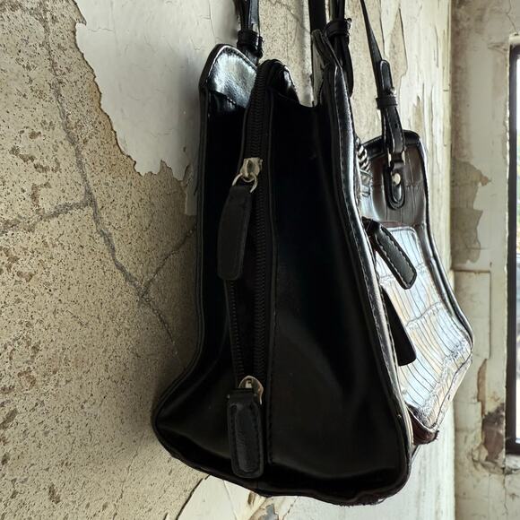 M.C. Croc Embossed Shoulder Bag Woven Flap Heart Charm Black Brown Satchel Purse - Picture 6 of 14